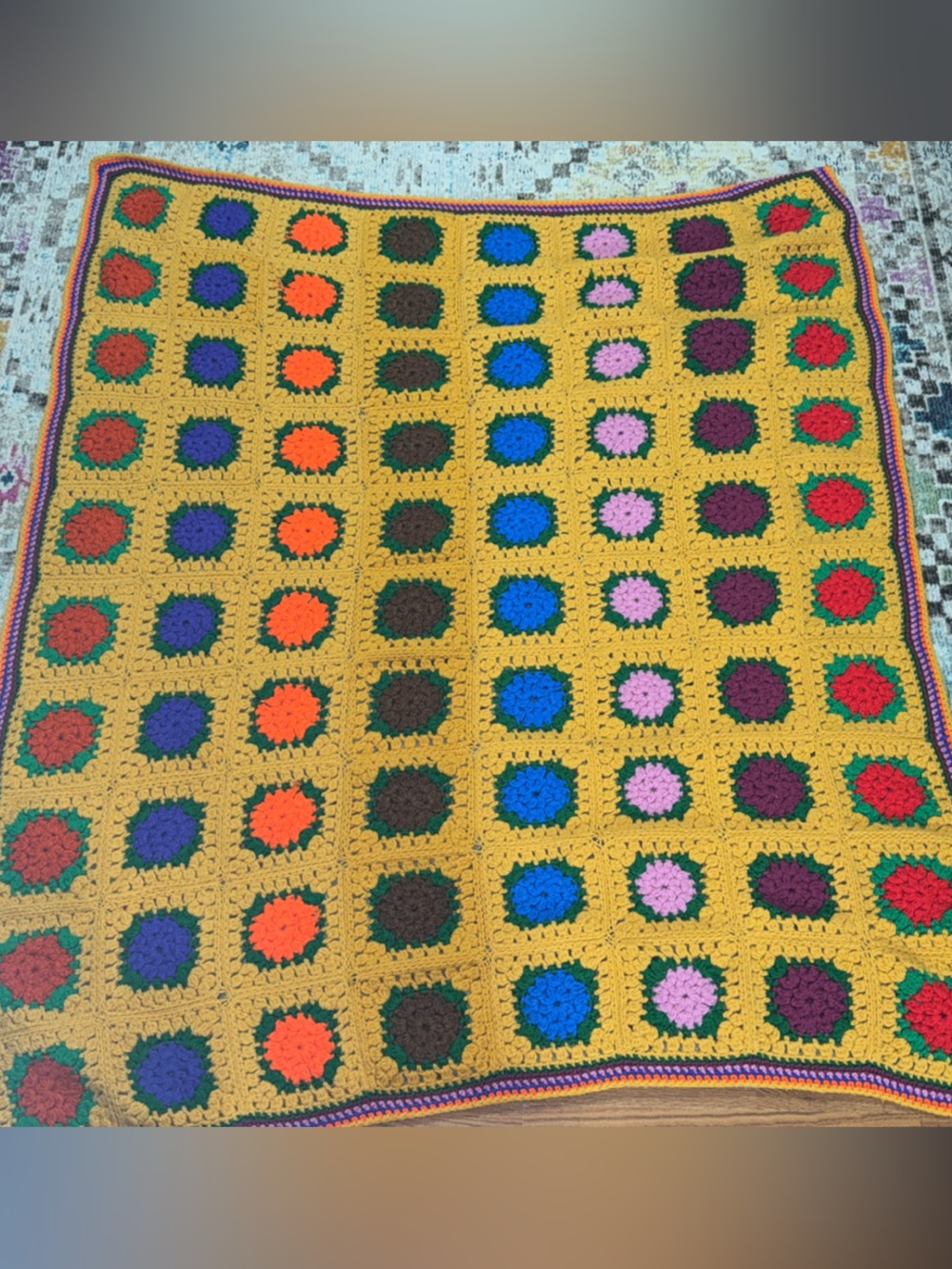 Handmade Mustard Yellow Crochet Granny Square Throw Blanket